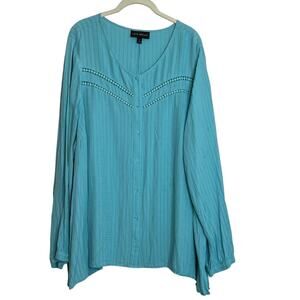 Lane Bryant Womens Blouse Size 24 Teal Long Sleeve Button Up Crochet Accents